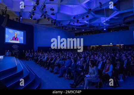 Davos, Switzerland. 17th Jan, 2023. European Commission President Ursula von der Leyen speaks during the World Economic Forum (WEF) Annual Meeting in Davos, Switzerland on January 17, 2023. Photo by World Economic Forum/ Greg Beadle/ Credit: UPI/Alamy Live News Stock Photo