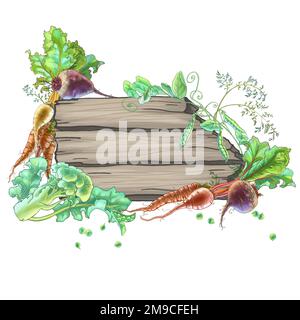 wooden baner and fresh vegetables illustration. High quality photo ...