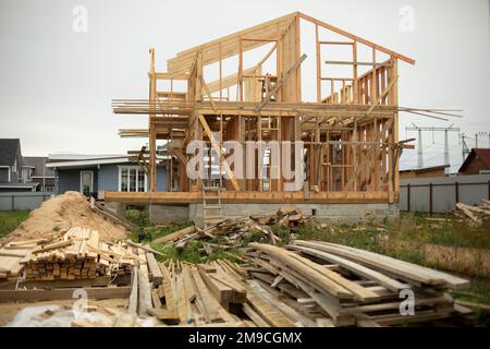Construction of house made of wood. Stock Photo