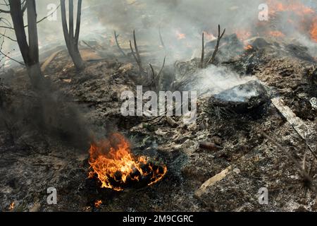 Black smoke from fire. Burning of garbage. Stock Photo