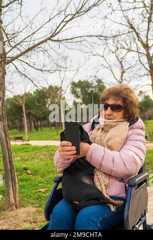 An elderly lady in a wheelchair dachshund Stock Photo