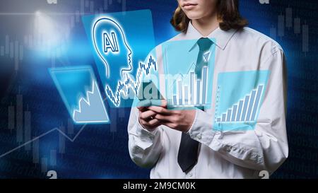Close-up of smartphone in hands of businessman, use of AI in business Stock Photo