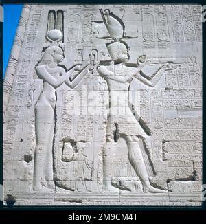 CLEOPATRA VII with her son Caesarion Stone relief at the Temple of Hathor, Dendera, in Egypt Stock Photo