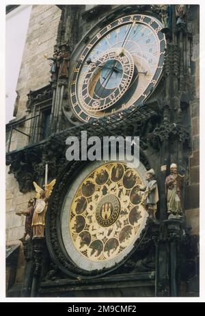 The Astronomical clock in Old Town Square, Prague; it shows the revolutions of the sun, the moon & the stars & draws flocks of visitors to the city to watch it strike the hour. Stock Photo