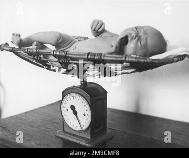 A new born baby is weighed and found to be eight and a half pounds Stock Photo