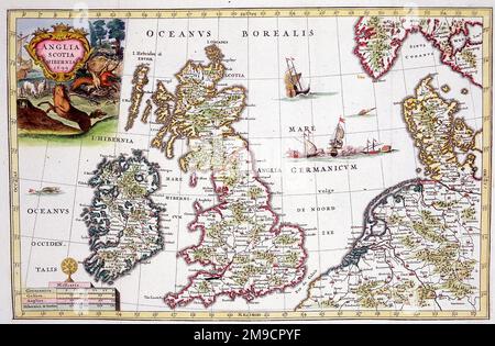 17th century Map of Anglia, Scotiia, Hibernia, Great Britain Stock Photo