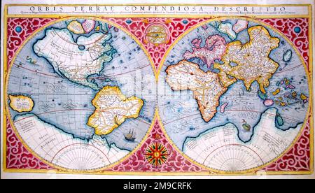 World map 'Orbis Terrae Compendiosa Descriptio' by Jodocus Hondius and ...
