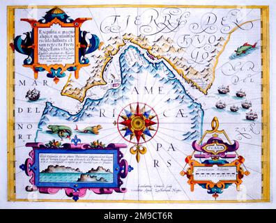 17th century Map of the Magellan Straits, Tierra del Fuego, South America Stock Photo