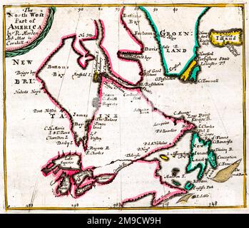 17th century Map of North West America showing Hudson Bay and the Great Lakes also Greenland Stock Photo