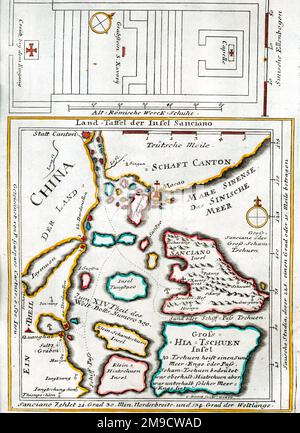 18th century Map of Sancian (Macau) and Francis Xavier crypt on the Southern coast of China with  Xiachuan Island and Shangchuan Island, where Francis Xavier was buried.Plan of Xavier's crypt above map. Stock Photo