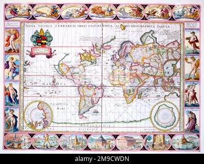 17th century Map of the World, Nove totius terrarum orbis geographica ac hydrographica tabula, with views of the seven wonders of the world, the four seasons, four elements and seven planets Stock Photo