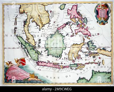 17th century Map of Asia, the East Indies with Thailand, Sumatra, Borneo, and the Philippines Stock Photo