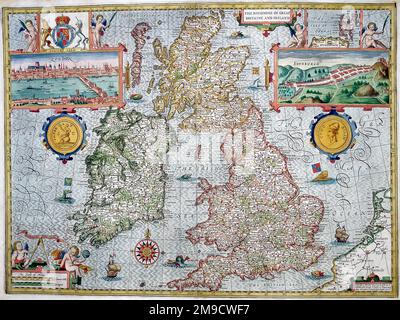 17th century Map of Great Britain and Ireland with views of London and Edinburgh Stock Photo