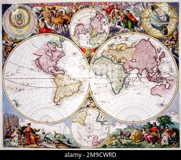 18th century Map of the World Hemispheres with allegories of the ...