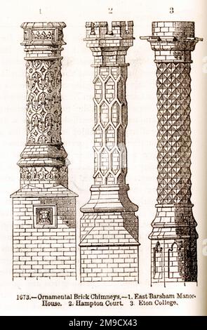 Ornamental Brick Chimneys from East Barsham Manor House, Hampton Court and Eton College Stock Photo