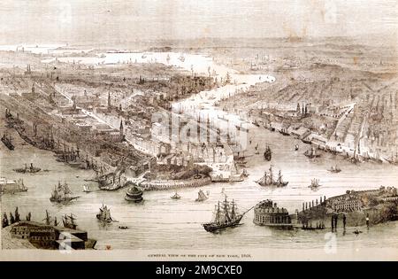 Aerial view of Manhattan Island, New York, America 1860 Stock Photo