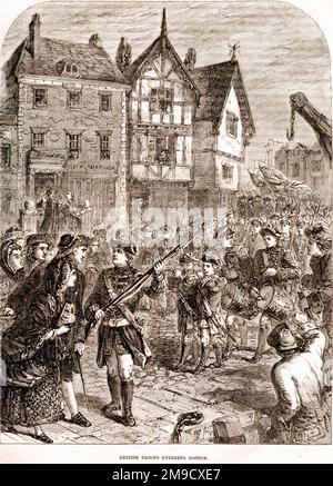 British Troops Entering Boston after the Siege of Boston during the American Revolutionary War of Independence Stock Photo
