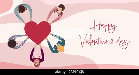Group of men and women in circle from different culture seen from above holding a heart in their hands.Valentine's Day party concept.Copy space banner Stock Vector