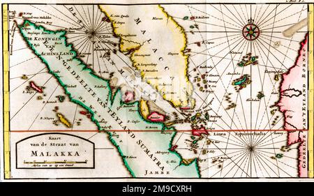 17th century map of Strait Of Malacca - Sumatra - Singapore - Malaysia Stock Photo