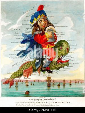 18th century Cartoon Map of England and Wales, geography bewitched Stock Photo