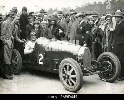 Campbell at the wheel of Type 35 Bugatti, after winning 50-mile race at Surbiton MC meet on 24th April 1926. Stock Photo