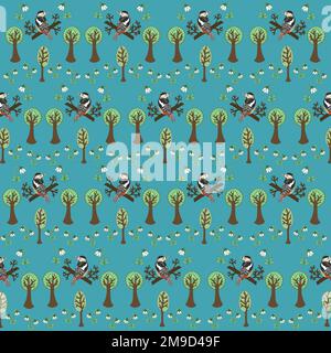 Woodpeckers in forest repeating pattern. Stock Photo