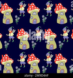 Pixies and Toadstools repeating pattern. Stock Photo
