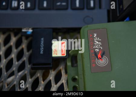 Song meters created by Wildlife Acoustics pick out all the sounds that are being made around the microphone May 16, 2022, at Joint Base San Antonio-Camp Bullis, Texas.     A computer program, Kaleidoscope Pro, allows us to break the sounds into statistically similar groups from which we can then isolate the GCWA song (or any other sound of interest). The recordings and locations allow researchers to head out into the field and visually identify and catalog each pair. Stock Photo