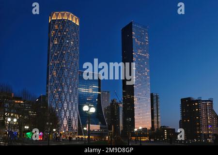 London, UK. Canary Wharf high-rise buildings, including the Newfoundland  building during blue hour. Stock Photo