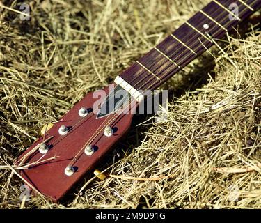 An old guitar laying in a hay bale Stock Photo