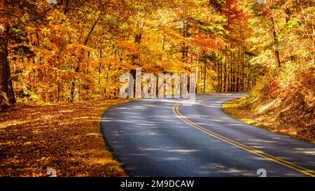 Blue Ridge Parkway winding through the woods in fall near Asheville, North Carolina Stock Photo