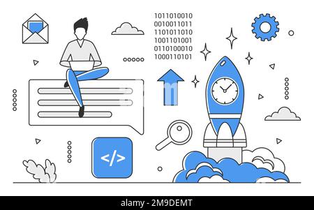 Digital startup workflow. Boosting business strategy, development campaign vector monocolor illustration Stock Vector