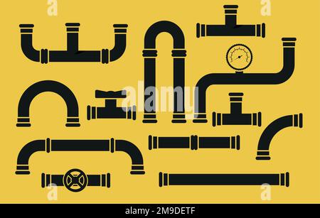 Pipe fittings vector icons set. Tube industry, construction pipeline, drain system, vector illustration. Eps 10 Stock Vector