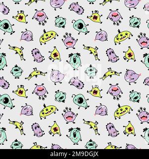 Funny seamless pattern for kids with aliens. Nursery design for baby boys. Different simple cute monsters. Minimalist print for children's clothing Stock Vector