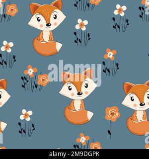 Seamless pattern with cute fox baby on color background. Funny forest animals. Card, postcards for kids. Flat vector illustration for fabric, textile Stock Vector
