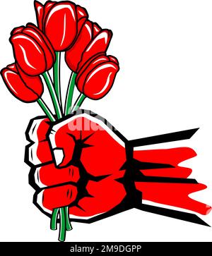Tulips for beloved. Strong male hand holding a bouquet of flowers. Vector on transparent background Stock Vector