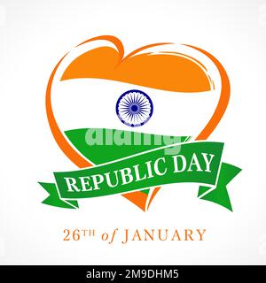 India Republic Day 26 January creative logo. Holiday icon. Brushing style heart emblem with Indian flag and ribbon. Isolated design. Stock Vector