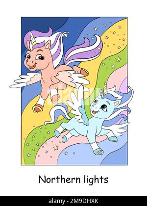 Cute unicorn twins flying in the starry sky. Coloring book page for ...
