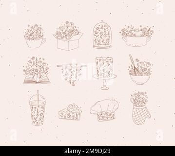 Sweets cooking appliances with flowers in hand drawing style on coffee background Stock Vector
