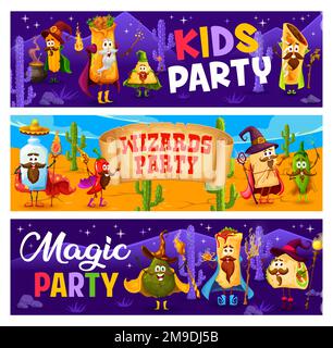 Wizards magic party cartoon tex mex mexican food characters. Vector banners with cute burrito, tacos, churros and avocado, pulque, tequila or enchiladas and nachos mage sorcerer personages Stock Vector