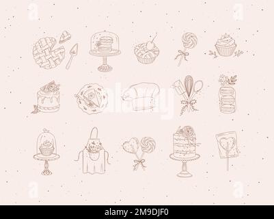 Bakery desserts and kitchen appliances in hand drawing style on coffee background. Stock Vector