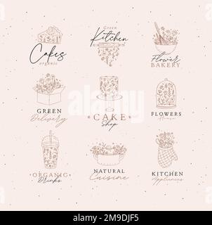 Sweets cooking appliances labels with flowers and lettering in hand drawing style on coffee background Stock Vector