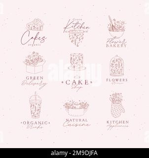 Sweets cooking appliances labels with flowers and lettering in hand drawing style on peach background Stock Vector