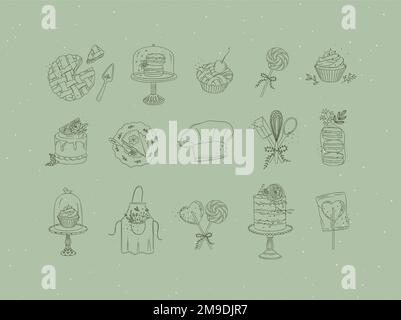 Bakery desserts and kitchen appliances in hand drawing style on green background. Stock Vector