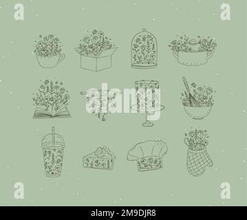 Sweets cooking appliances with flowers in hand drawing style on green background Stock Vector