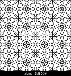 Islamic arabesque pattern, Arabic mashrabiya seamless background. Muslim ethnic ornament with line stars or flowers symbols, arab monochrome vector pattern or fabric ethnic print, textile background Stock Vector