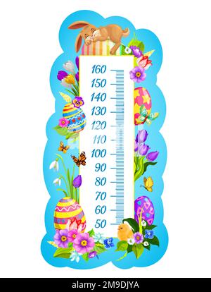 Kids height chart, cartoon Easter bunny and eggs growth meter. Vector wall sticker for child height measurement with cute characters little chick and rabbit with bright spring flowers and butterflies Stock Vector