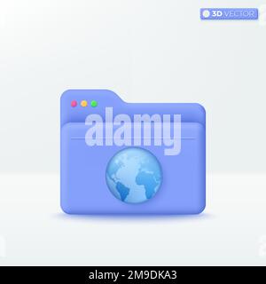 Folder with WORLD icon symbol. Information online portfolio for presentation, comfortable searching, Stored data, File management concept. 3D vector i Stock Vector