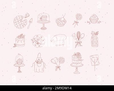 Bakery desserts and kitchen appliances in hand drawing style on peach background. Stock Vector