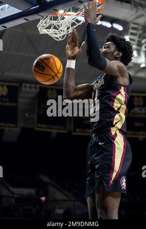 South Bend, Indiana, USA. 17th Jan, 2023. Florida State center Naheem McLeod (24) dunks the ball during NCAA basketball game action between the Florida State Seminoles and the Notre Dame Fighting Irish at Purcell Pavilion at the Joyce Center in South Bend, Indiana. Florida State defeated Notre Dame 84-71. John Mersits/CSM/Alamy Live News Stock Photo